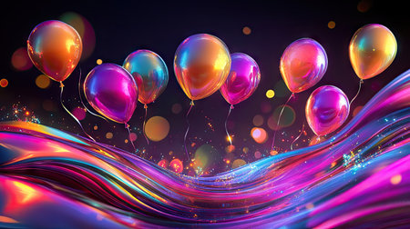 Party balloons soaring over a glossy, abstract wave of neon colors and sparkles.の素材