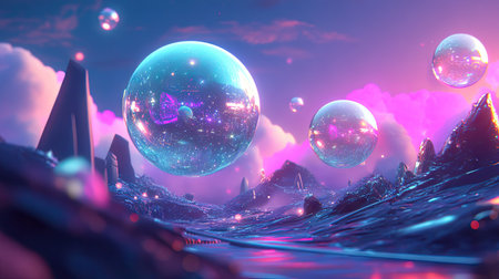 Shimmering holographic balloons floating above a futuristic, glowing landscape.の素材