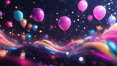 Party balloons soaring over a glossy, abstract wave of neon colors and sparkles.の素材