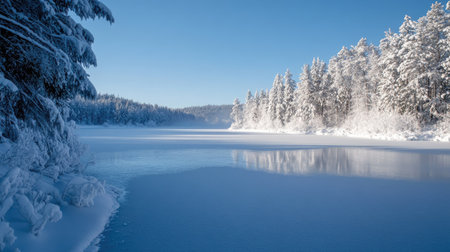 Winter landscape of a frozen lake surrounded by snow-covered trees under a clear sky.の素材