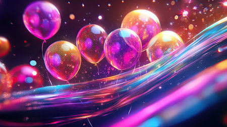Party balloons soaring over a glossy, abstract wave of neon colors and sparkles.の素材