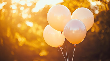 Elegant pearl-toned balloons rising against a soft-focus golden sunset.の素材