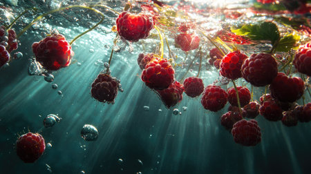 Sunlight refracting through water as raspberries sink, casting beautiful patterns of light and color.の素材