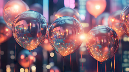 Shiny metallic balloons reflecting city lights as they rise above a dreamy urban background.の素材