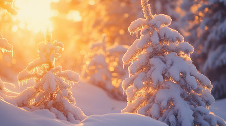 Snow-covered pine trees with glistening icicles, glowing in the golden sunset light.の素材