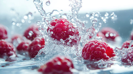 Fresh raspberries plunging into crystal-clear water, creating dynamic splashes and rising air bubbles.の素材