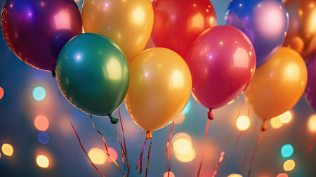 Floating rainbow balloons gently swaying in a soft-focus carnival lights backdrop.の素材
