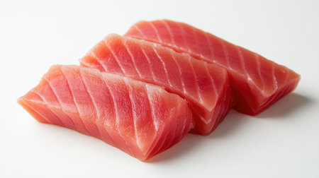 Close-up of fresh tuna fish fillet, with its rich pinkish-red color, resting on a simple white background.の素材