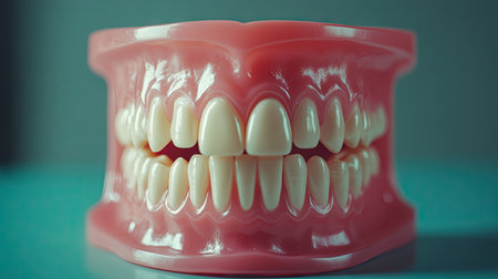 A dental model of teeth with clean, healthy gums, used for demonstrating the importance of regular brushing for oral hygiene.の素材