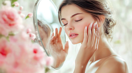 A woman in a relaxed pose, running her fingers over her flawless skin in front of a mirror, appreciating her natural beauty and healthy skin.の素材