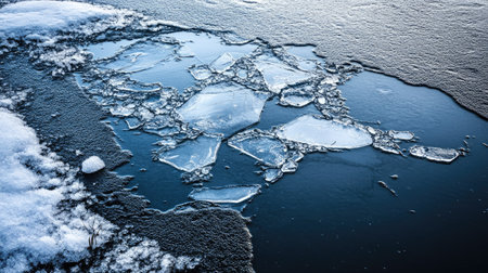 Ice shards emerging from a frozen lake, creating dramatic textures and reflections.の素材