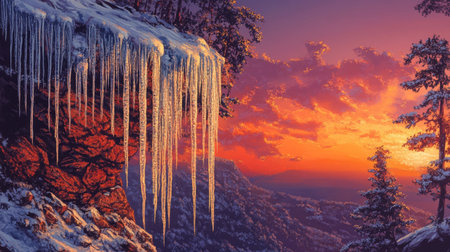 Icicles hanging from a rocky cliff, sparkling against the backdrop of a vibrant sunset.の素材