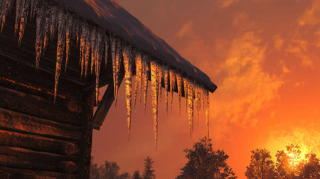 Icicles hanging from a cabin roof, glowing in the rich amber tones of a winter sunset.の素材
