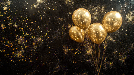 Golden balloons rising against a luxurious black and gold sparkling background.の素材