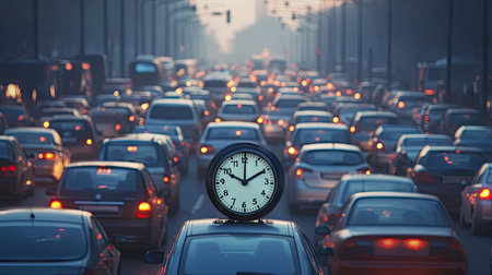 Traffic jam during rush hour with cars moving slowly, and a clock rapidly spinning, symbolizing the passage of time.の素材