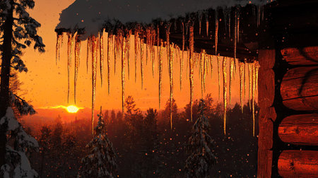 Icicles hanging from a cabin roof, glowing in the rich amber tones of a winter sunset.の素材