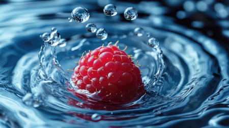High-speed macro shot of a raspberry creating a ripple effect as it enters water.の素材