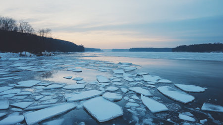 Large jagged ice chunks scattered across a partially frozen lake.の素材