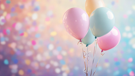 Soft pastel balloons gently hovering over a blurred, colorful confetti-filled background.の素材