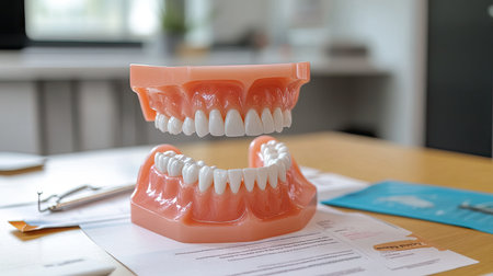 A dental model placed on a table with educational materials about oral hygiene, showing proper care techniques for teeth and gums.の素材