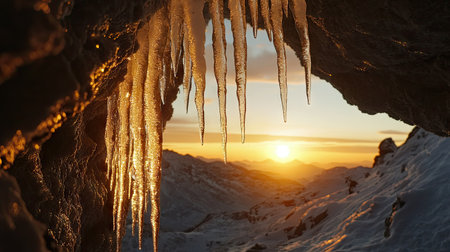 Icicles framing a mountain landscape, as the sun dips below the horizon in warm hues.の素材