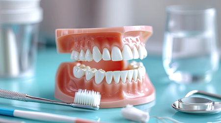 A dental model of teeth on a table, surrounded by dental tools like a toothbrush, floss, and mouthwash, promoting good oral hygiene.の素材