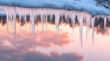 Icicles hanging over a frozen lake, mirroring the soft pinks and oranges of dusk.の素材