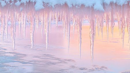 Icicles hanging over a frozen lake, mirroring the soft pinks and oranges of dusk.の素材