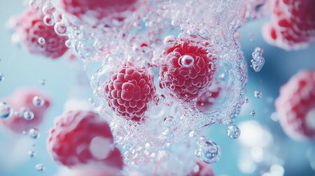 High-speed capture of raspberries splashing into water, frozen in motion with crystal-clear bubbles.の素材