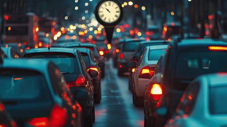Traffic jam during rush hour with cars moving slowly, and a clock rapidly spinning, symbolizing the passage of time.の素材