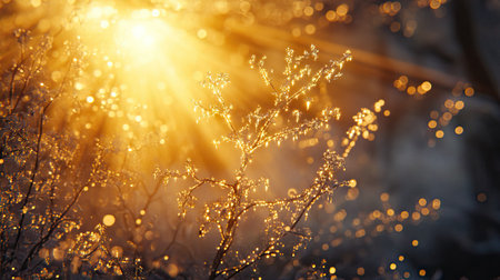 Sunlight refracting through delicate icicles, creating a dazzling winter glow.の素材