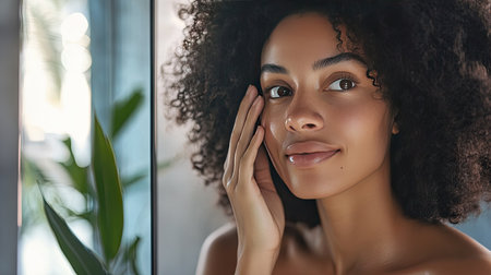 A woman in a skincare routine, touching her cheek with one hand while looking at her glowing face in the mirror, highlighting healthy skin care.の素材