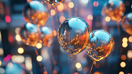 Shiny metallic balloons reflecting city lights as they rise above a dreamy urban background.の素材