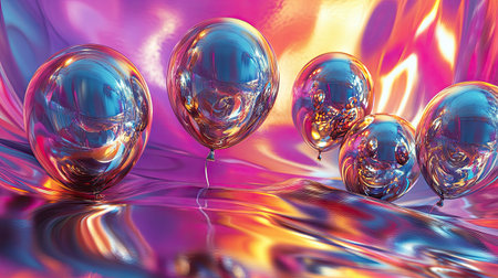 Metallic helium balloons reflecting light as they float above a vibrant, abstract color splash.の素材