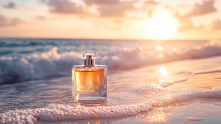 A chic perfume bottle resting on a sunlit surface, with the calming waves of the sea in the background, perfect for a tranquil mood.の素材
