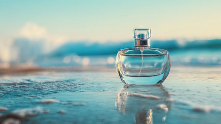 A clear perfume bottle with a soft reflection of the ocean waves in the background, capturing the essence of luxury and tranquility.の素材