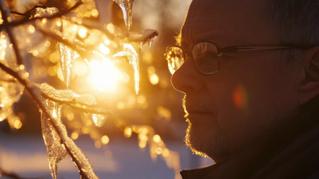 Sunset reflecting off ice-covered branches, turning the icicles into golden prisms.の素材