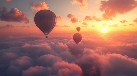 Softly glowing balloons drifting through a sunset-tinted cloudscape, evoking magic and wonder.の素材