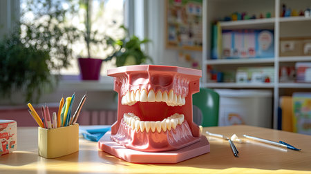 A dental model of teeth with removable pieces for studying oral hygiene practices, placed on a desk for an educational setting.の素材