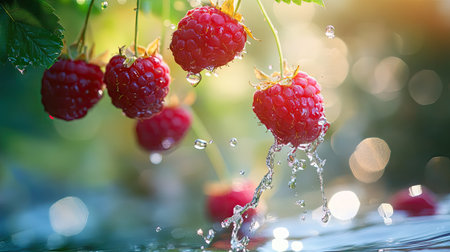 Raspberries mid-air just before hitting the water, with reflections shimmering below.の素材