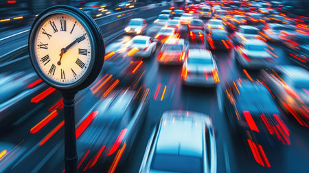 Traffic jam during rush hour with cars moving slowly, and a clock rapidly spinning, symbolizing the passage of time.の素材