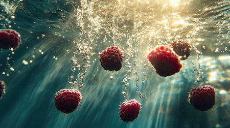 Sunlight refracting through water as raspberries sink, casting beautiful patterns of light and color.の素材