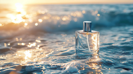 A chic perfume bottle resting on a sunlit surface, with the calming waves of the sea in the background, perfect for a tranquil mood.の素材