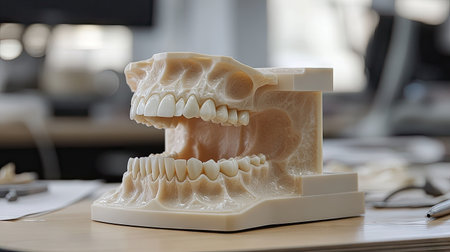 A dental model of teeth with removable pieces for studying oral hygiene practices, placed on a desk for an educational setting.の素材