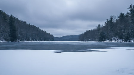 The contrast of dark, deep ice and white snow patches scattered on a frozen lake.の素材