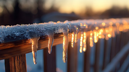 Tiny icicles forming on a wooden fence, catching the last light of a winter evening.の素材