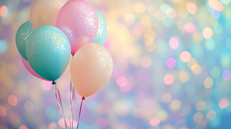Soft pastel balloons gently hovering over a blurred, colorful confetti-filled background.の素材