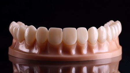 A dental model of teeth with clean, healthy gums, used for demonstrating the importance of regular brushing for oral hygiene.の素材