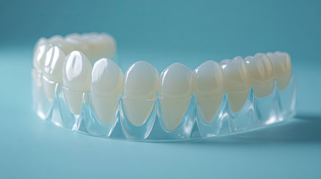 A dental model of teeth with clear gum lines, placed on a bright, clean background for studying oral hygiene practices.の素材