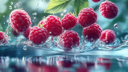 Raspberries mid-air just before hitting the water, with reflections shimmering below.の素材
